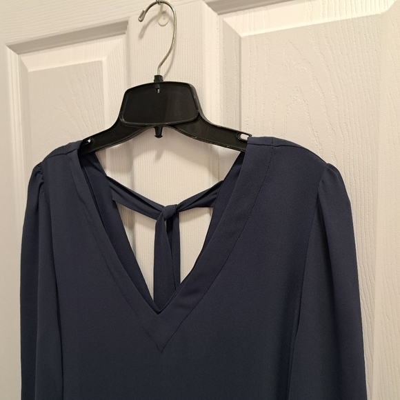 Loft Blouse Tie Back Blue Women's Small V-neck Long Sleeved Gathered Shoulder - Picture 2 of 16